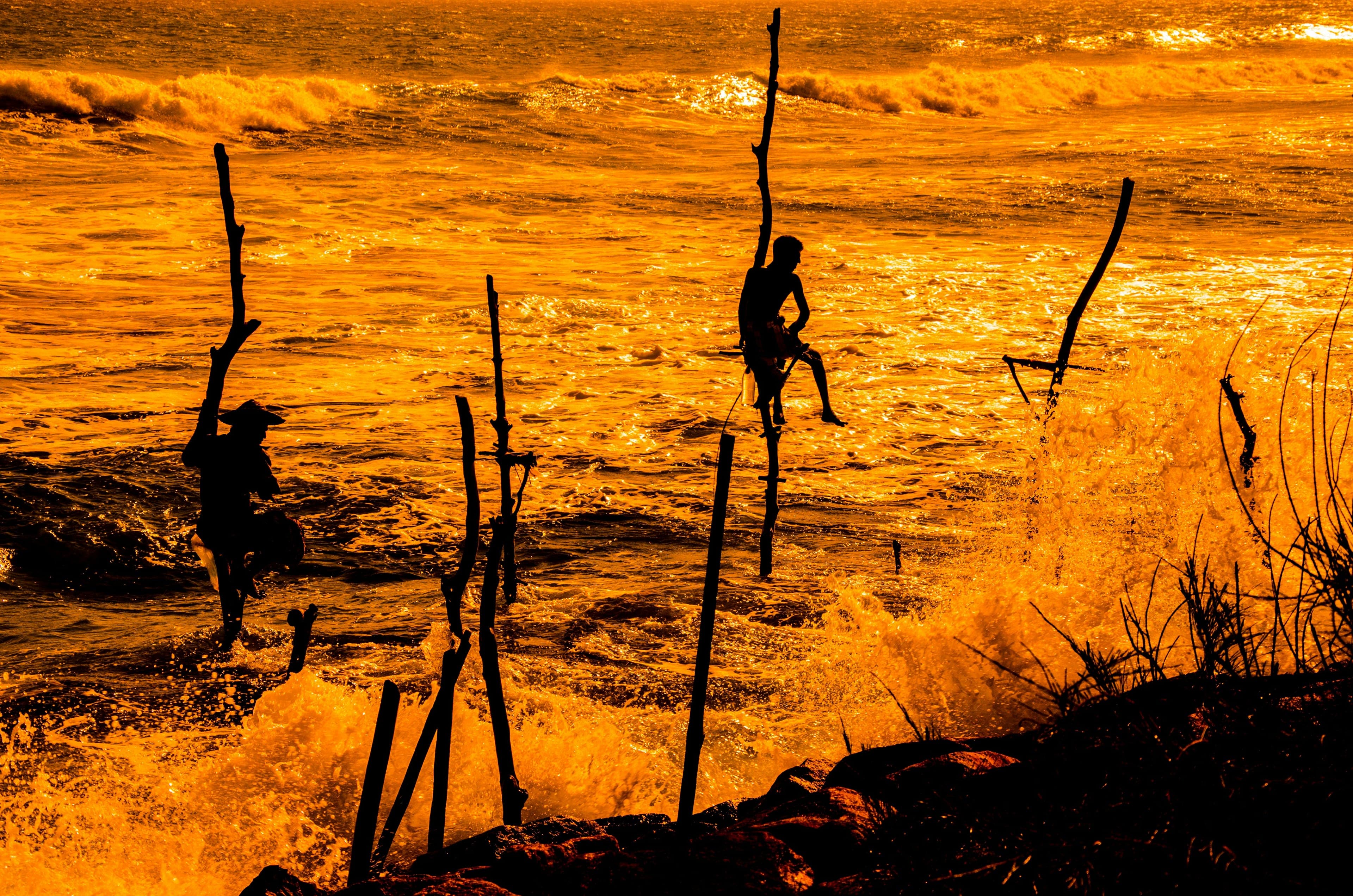 Traditional stilt fishermen working in the sea at sunset in Sri Lanka